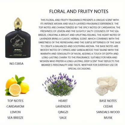 Oud Al Sultan Eau de Parfum 3.38 FL OZ Unisex Floral Fruity Fragrance Black and Brown