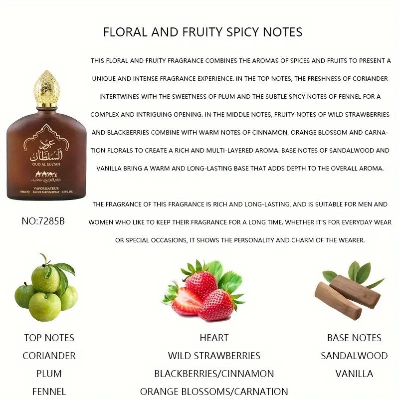 Oud Al Sultan Eau de Parfum 3.38 FL OZ Unisex Floral Fruity Fragrance Black and Brown